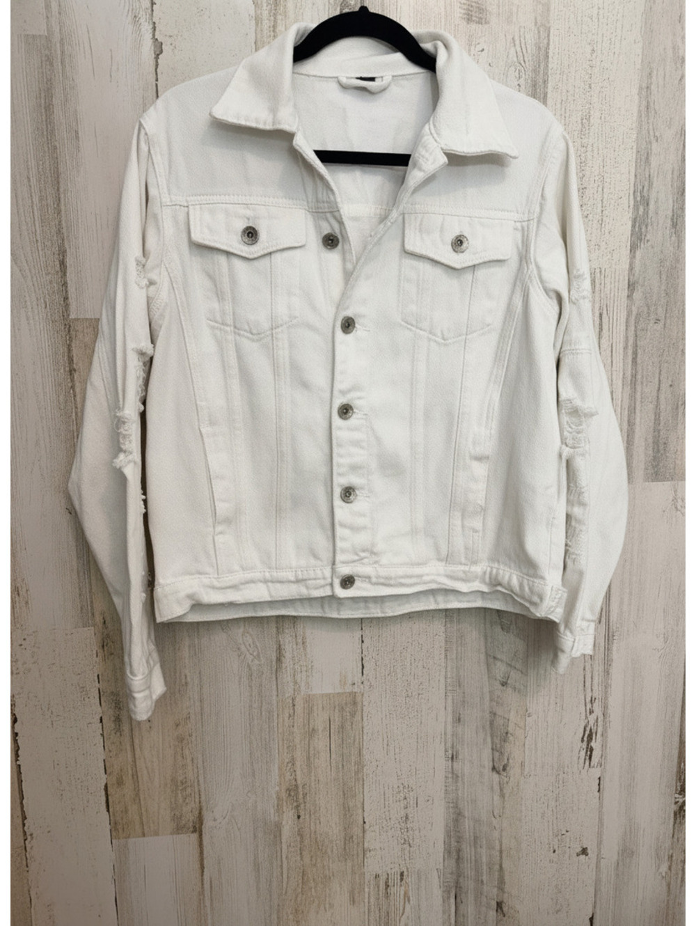 JEANS Women's Small White Denim Jacket Distressed Cotton Polyester